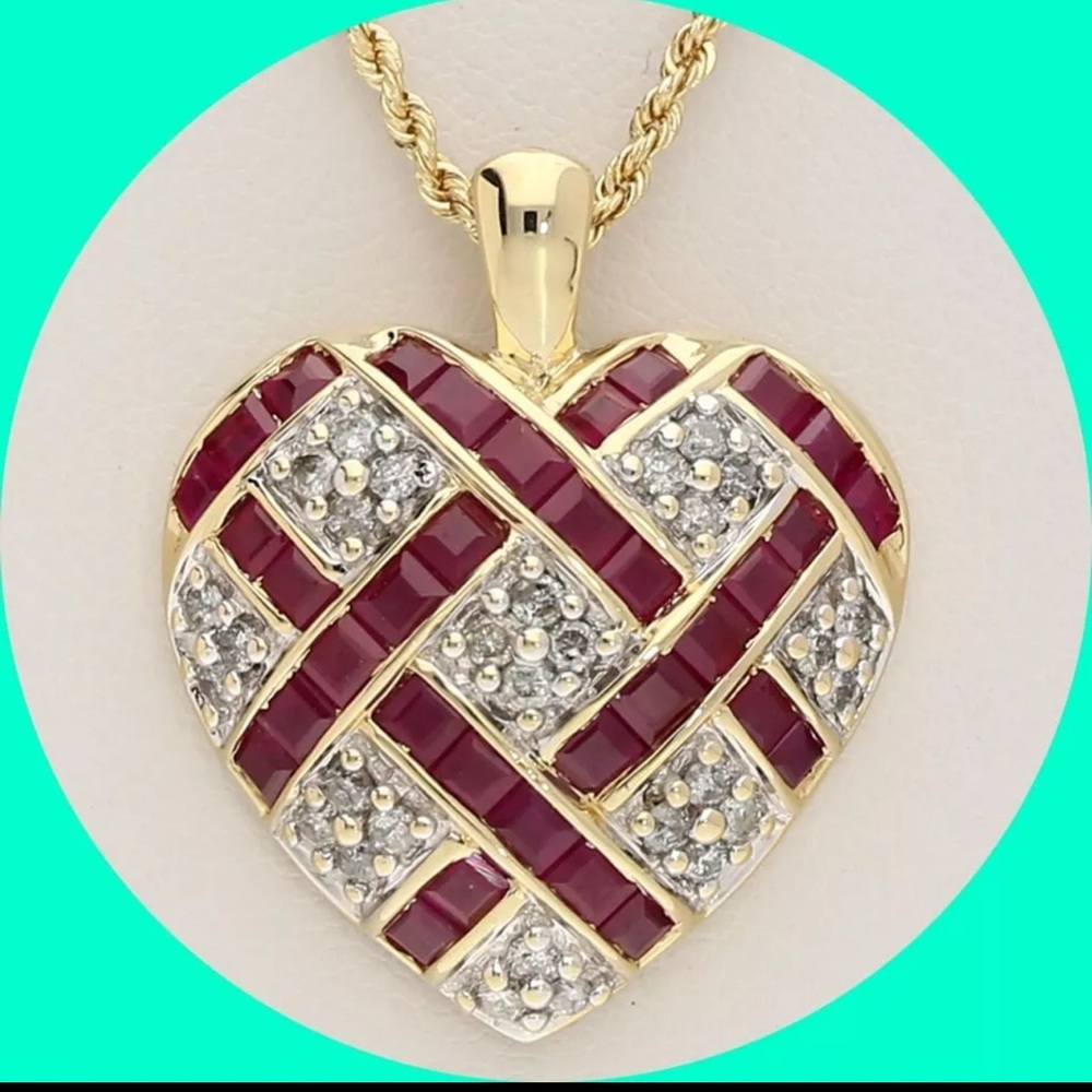 14k Gold ruby and diamonds 1.97ct Heart Pendant Necklace 14k 18”